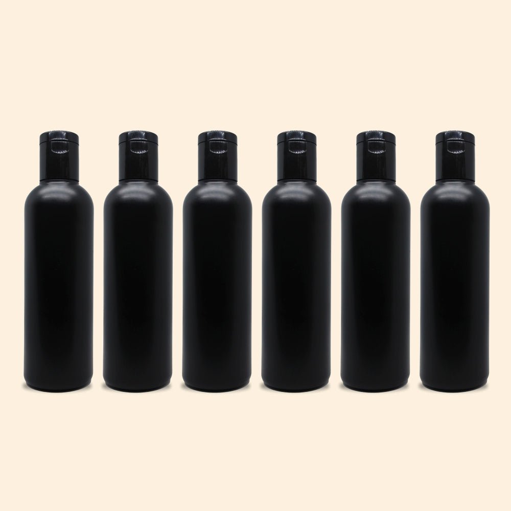 Shoprythm Packaging,Plastic Travel Bottles Empty Black HDPE Bottle with Disc Flip Top Cap Refillable Reusable 200ml(Pack of 6)